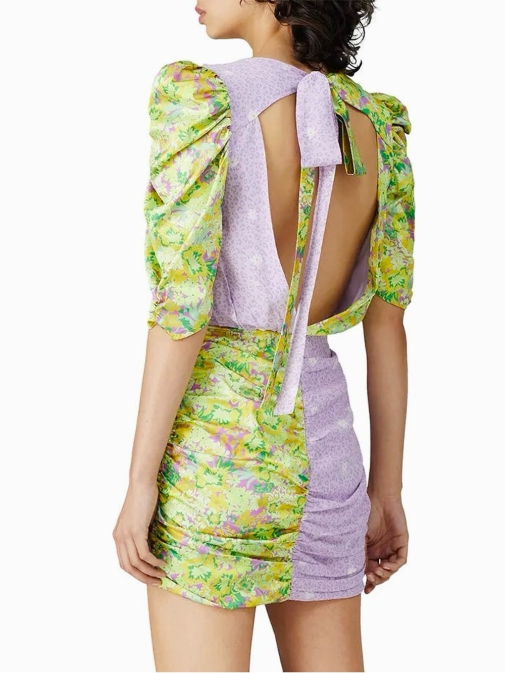 For Love & Lemons Dubois Floral Mini Dress Patchwork Dopamine Colorblock Ruched